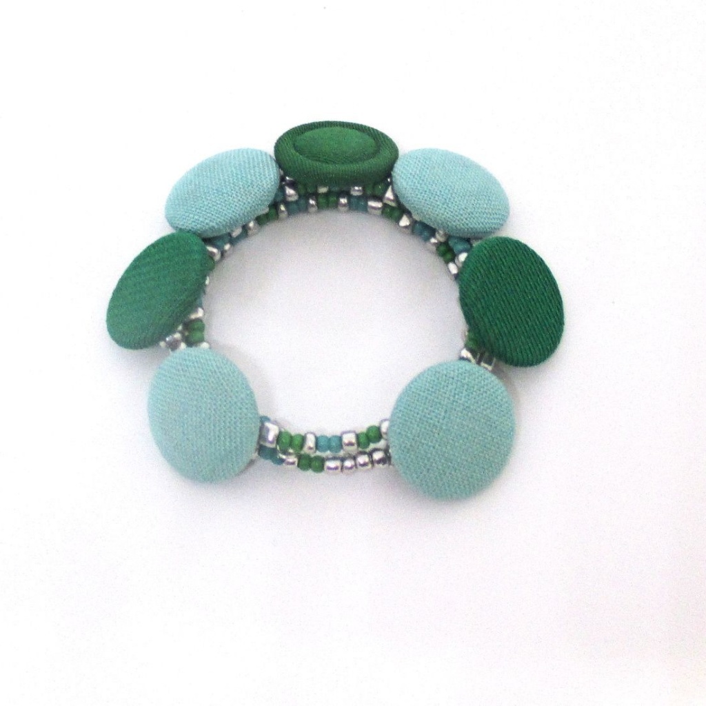 Aqua And Green Fabric Button Bracelet Handmade